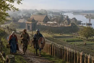 Ville fortifiée anglo-saxonne du IXe siècle avec habitants, marché, église en bois, champs et palissade sous une lumière brumeuse.